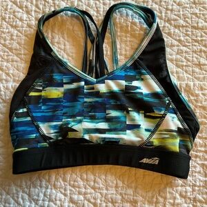 Avia Sports Bra S Strappy Black Blue Athletic Workout Multicolor